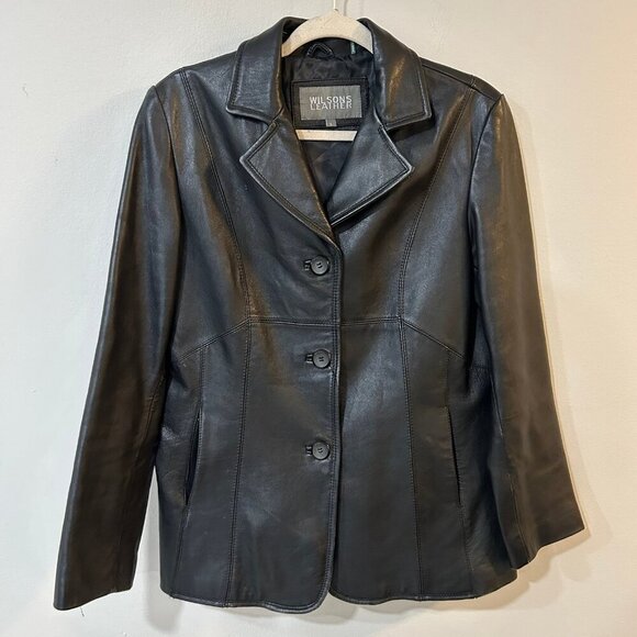 Vintage Wilson’s Leather Black Button Down Collar Jacket Women’s Size Large - Picture 1 of 6